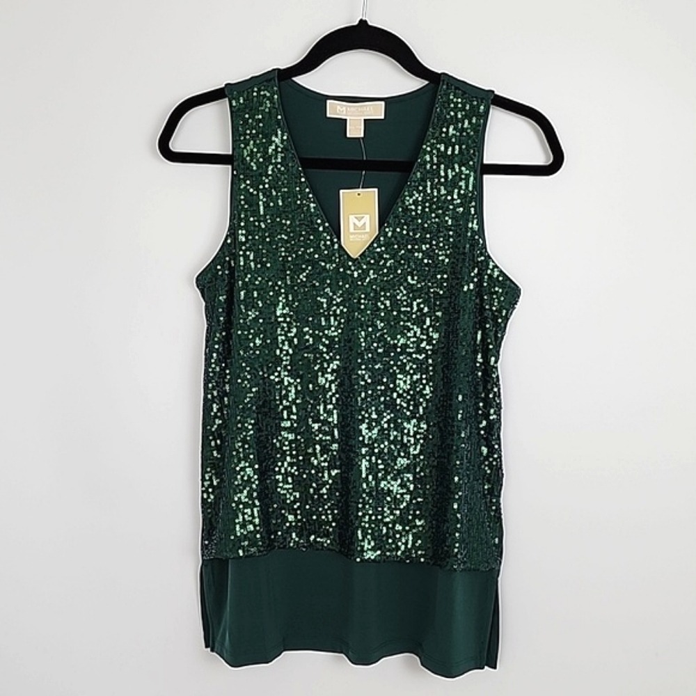 NWT Michael Kors Women's Sequin V-Neck Sleeveless Top Emerald Green XS - Picture 3 of 12